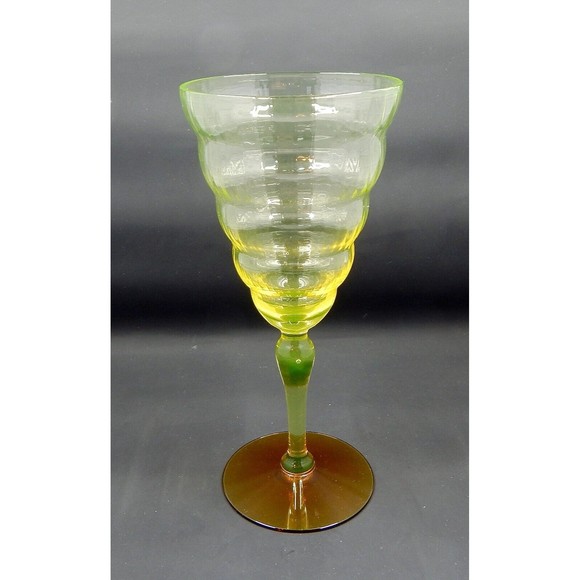 Utility Glass Works Cambodia Ware Vaseline Amber Foot Wine Water Goblet Pair 4 - Picture 3 of 15